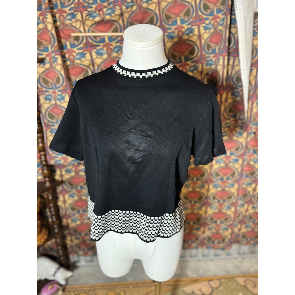 Vintage‎ Black & White Checkerboard Trim Top Short Sleeve Mod Style Blouse